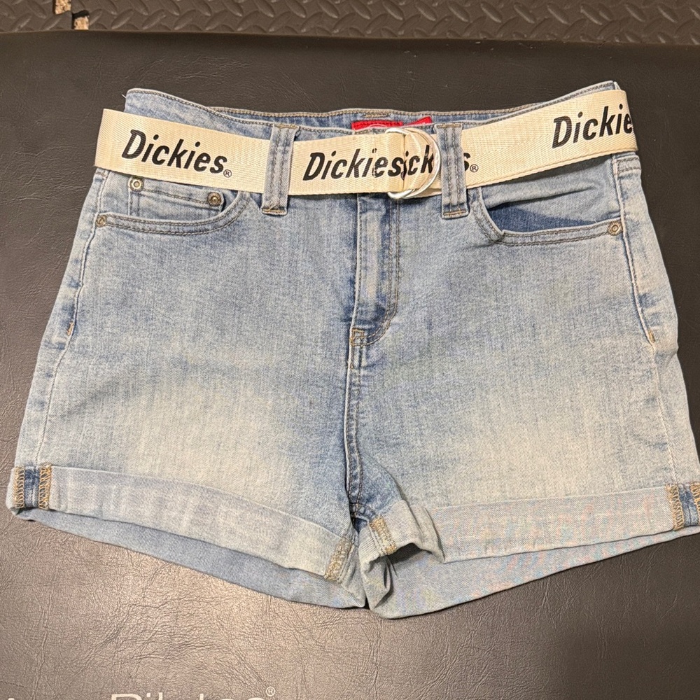Dickies Light Blue Denim Jean Shorts with Logo Belt